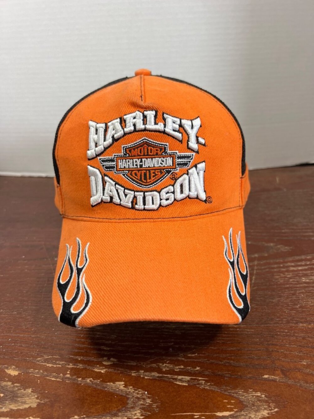 Harley-Davidson Orange & Black Mesh Trucker Hat With Embroidered Flames B4